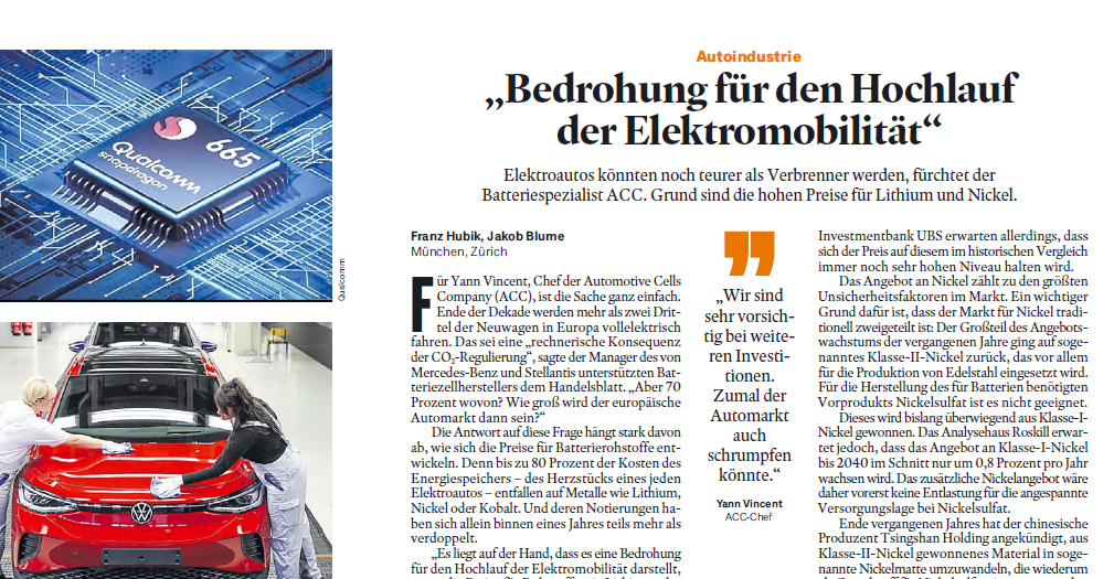 A threat to the rise of electromobility - Yann Vincent - ACC - Handelsblatt