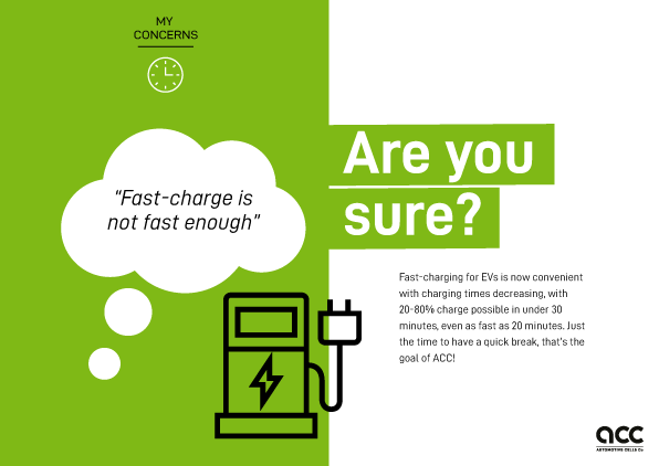 Fast-charging for EVs is now convenient with charging times decreasing, with 20-80% charge possible in under 30 minutes, even as fast as 20 minutes. Just the time to have a quick break, that’s the goal of ACC!