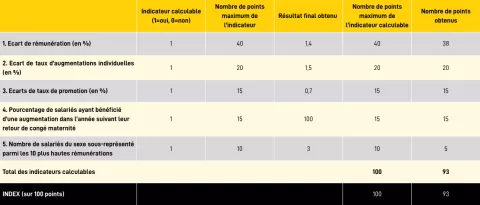 Tableau detaillant les scores de l'index d'égalité professionnelle